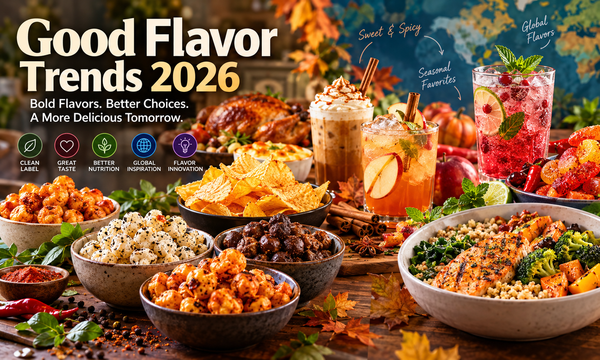 Colorful display of good flavor trends in 2026 featuring spicy snacks, seasoned makhana, potato chips, pumpkin spice drinks, fruit beverages, roasted turkey, and healthy meals, highlighting f