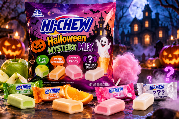 HI-CHEW Halloween Mystery Mix 2026 featuring Green Apple, Orange Creamsicle, Cotton Candy, and the secret Mystery Flavor in a spooky Halloween setting.