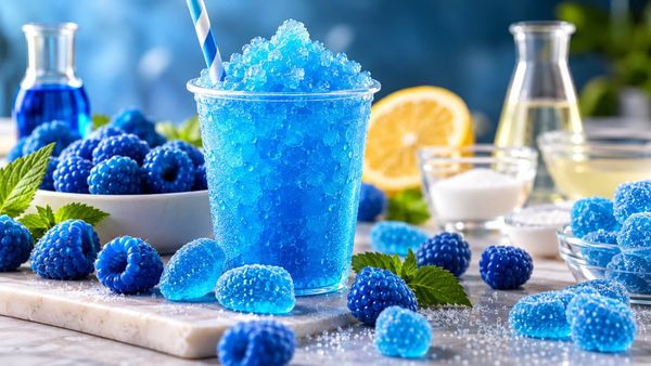 Bright blue raspberry slushie surrounded by blue raspberry candies, berries, and flavor ingredients illustrating how blue raspberry flavor is made.