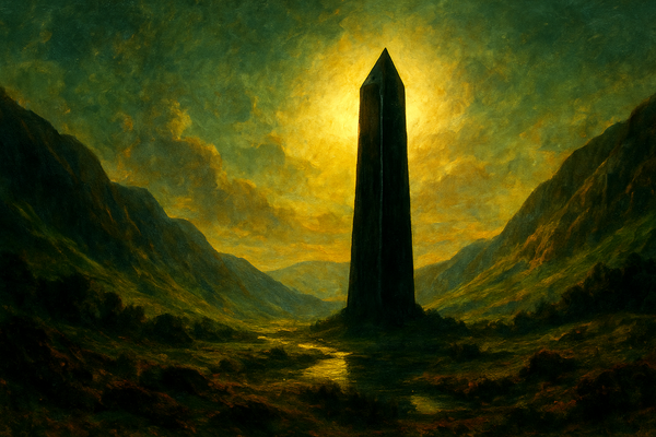 An obsidian tower in a mountain valley, backlit by the sun rendered in an 19th century painting style.