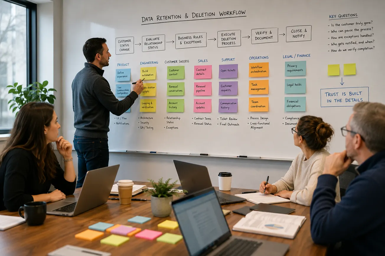 Cross-functional team reviewing a whiteboard with a data retention and deletion workflow, showing responsibilities across product, engineering, operations, and legal.
