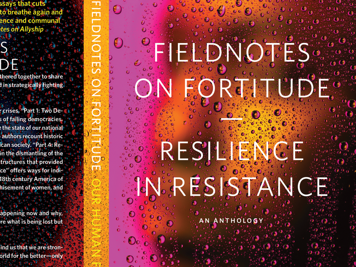 Close cropped image of a portion of the back cover, spine, and front cover of “Fieldnotes on Fortitude: Resilience in Resistance.”