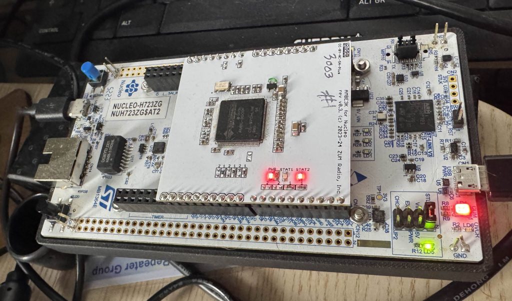 photo of the prototype transcoder board mounted to a Nucleo board.