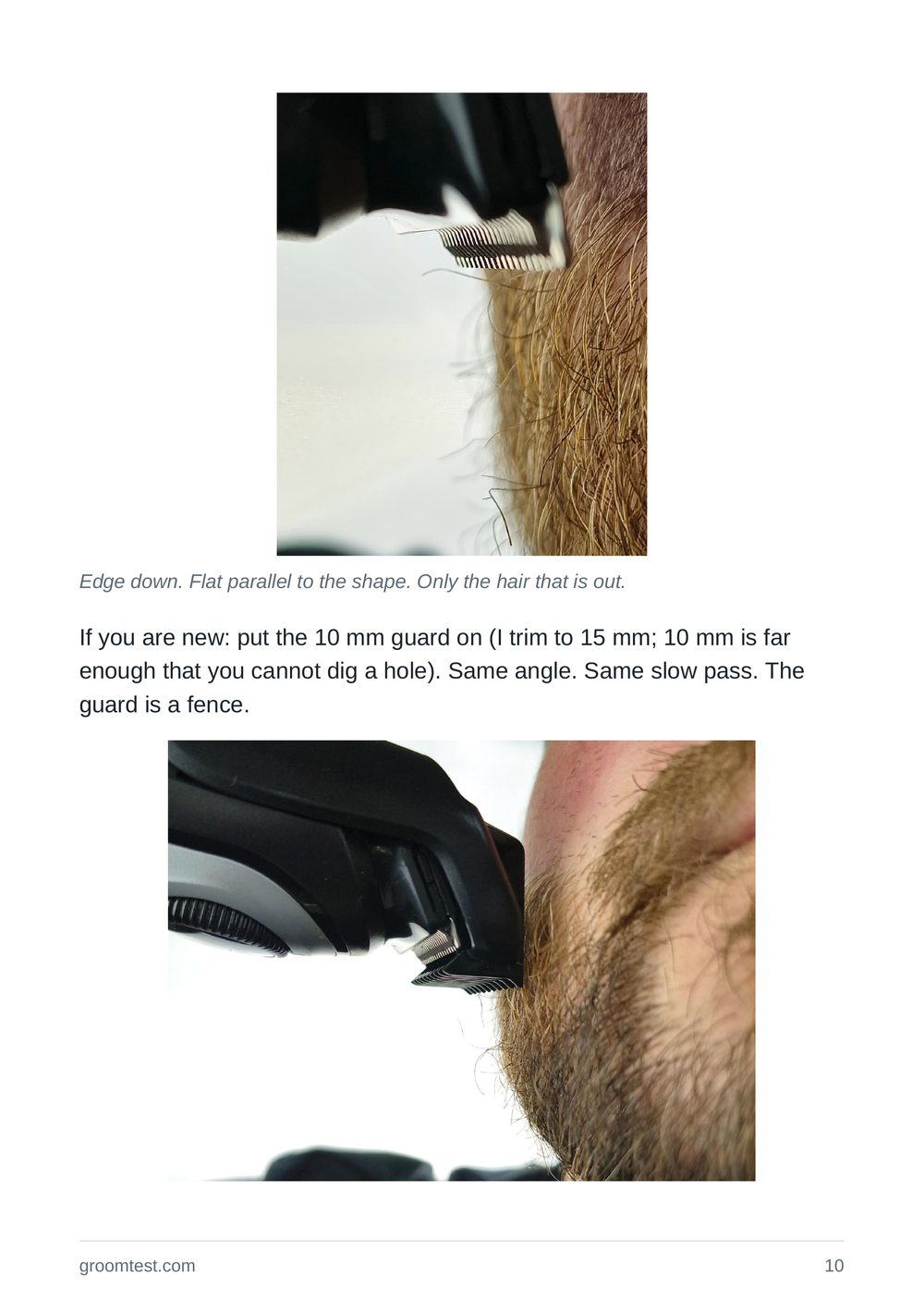 Page 10 of Keep It Tight showing how to trim a stray beard hair safely, with the recommendation to use a 10 mm guard if you are new to the technique.