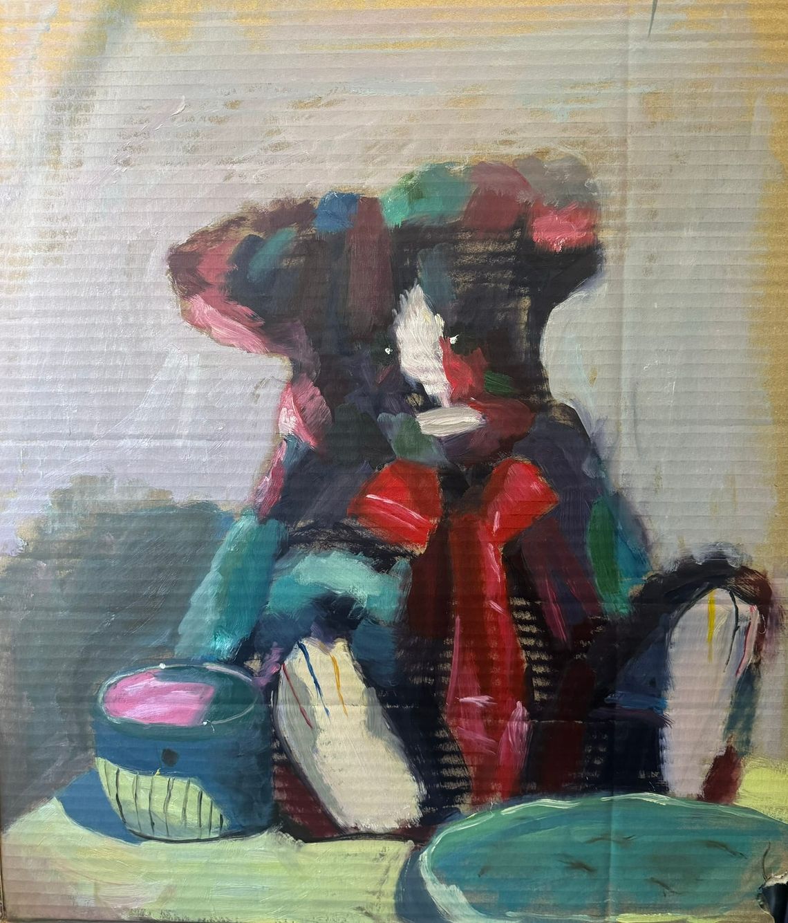 Teddy bear with whale mug and empty plate.