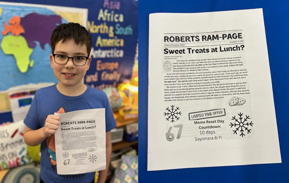 Medford third-grader’s idea becomes school newspaper at Roberts Elementary School