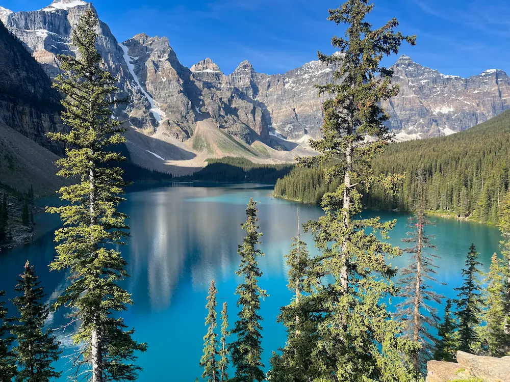 Overlooking blue waters of Moraine Lake