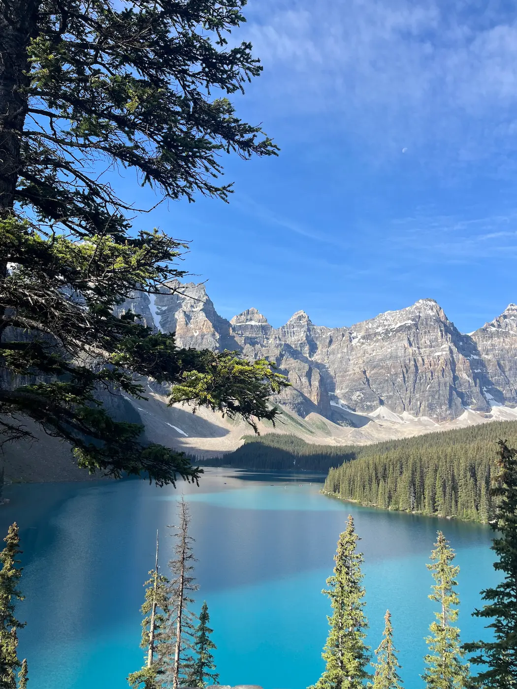 Moraine Lake reflection perfectly still turquoise water Valley of Ten Peaks Banff National Park lakeshore