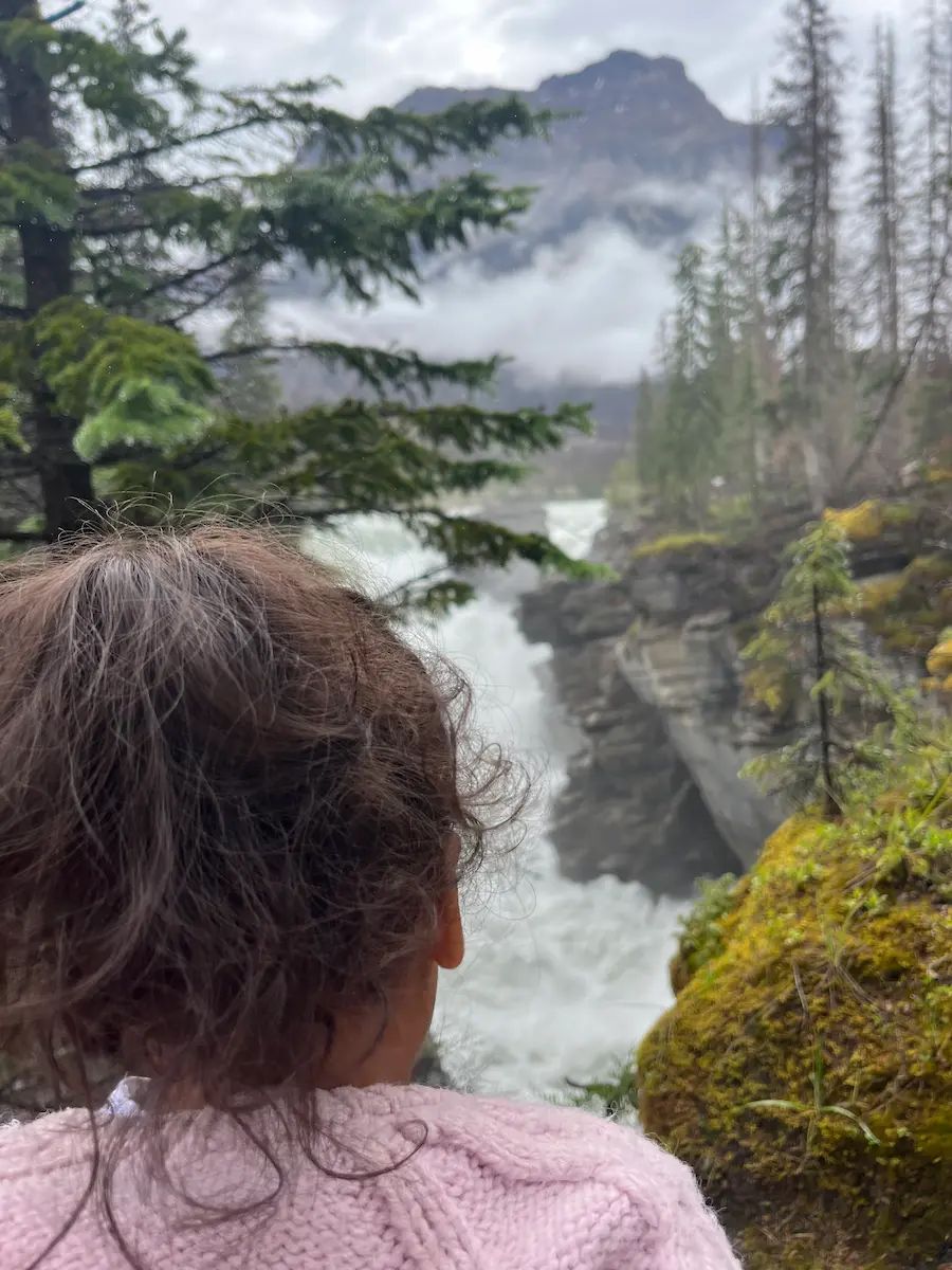 Young child from behind looking down into the Sunwapta Falls canyon, moss-covered rocks and a cloud-wreathed mountain in the distance, Jasper National Park