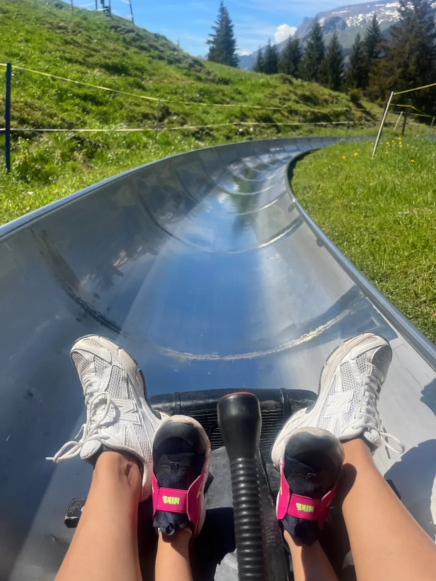 Children on the Pfingstegg summer toboggan run above Grindelwald, twin toddlers visible from behind