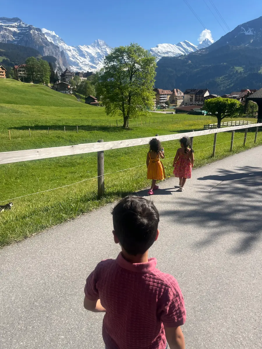 Wengen village car-free main street with the Eiger visible in the background, Jungfrau Region, Switzerland
