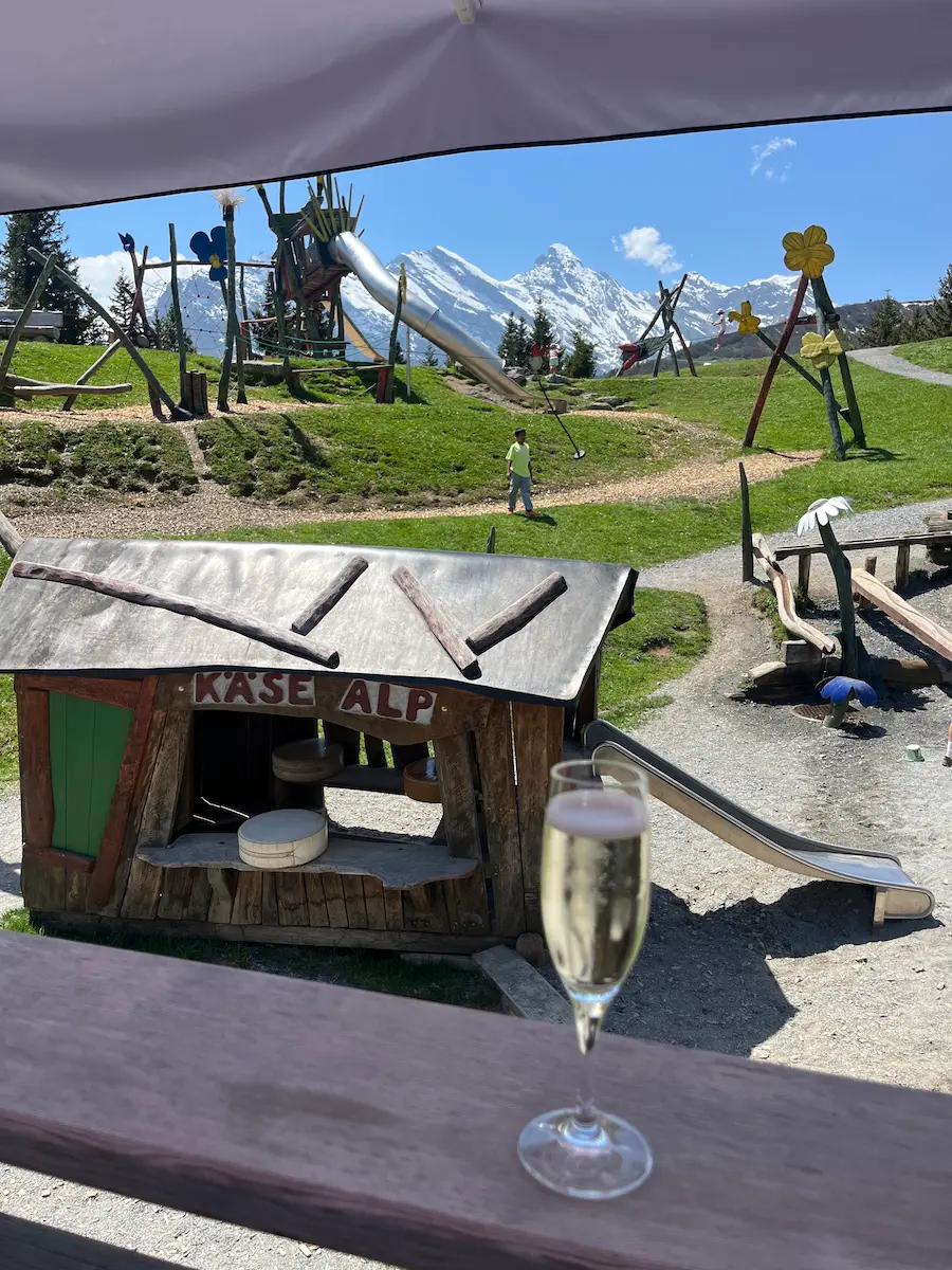 Allmendhubel mountain adventure playground, Eiger and snow-capped peaks behind, above Mürren Jungfrau region