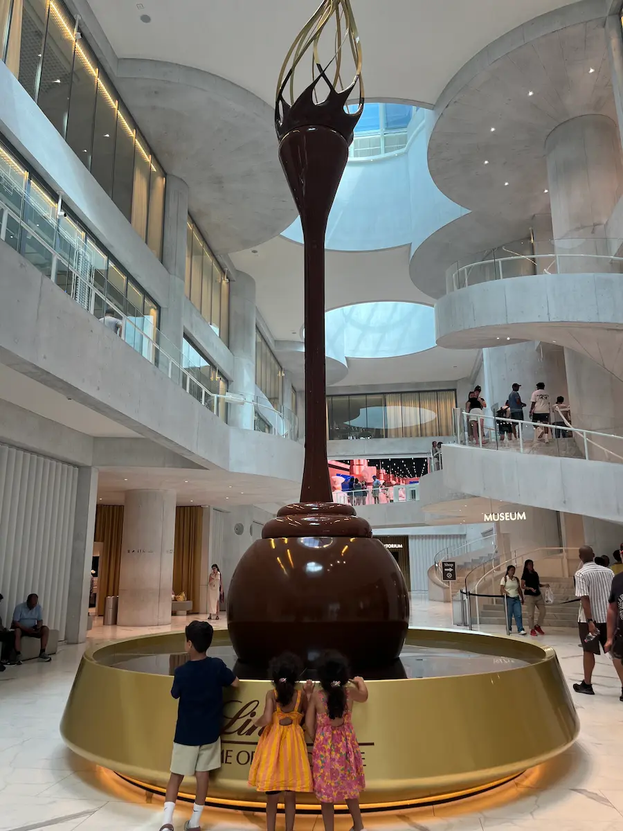 Lindt chocolate fountain interior, Lindt Home of Chocolate museum, Switzerland