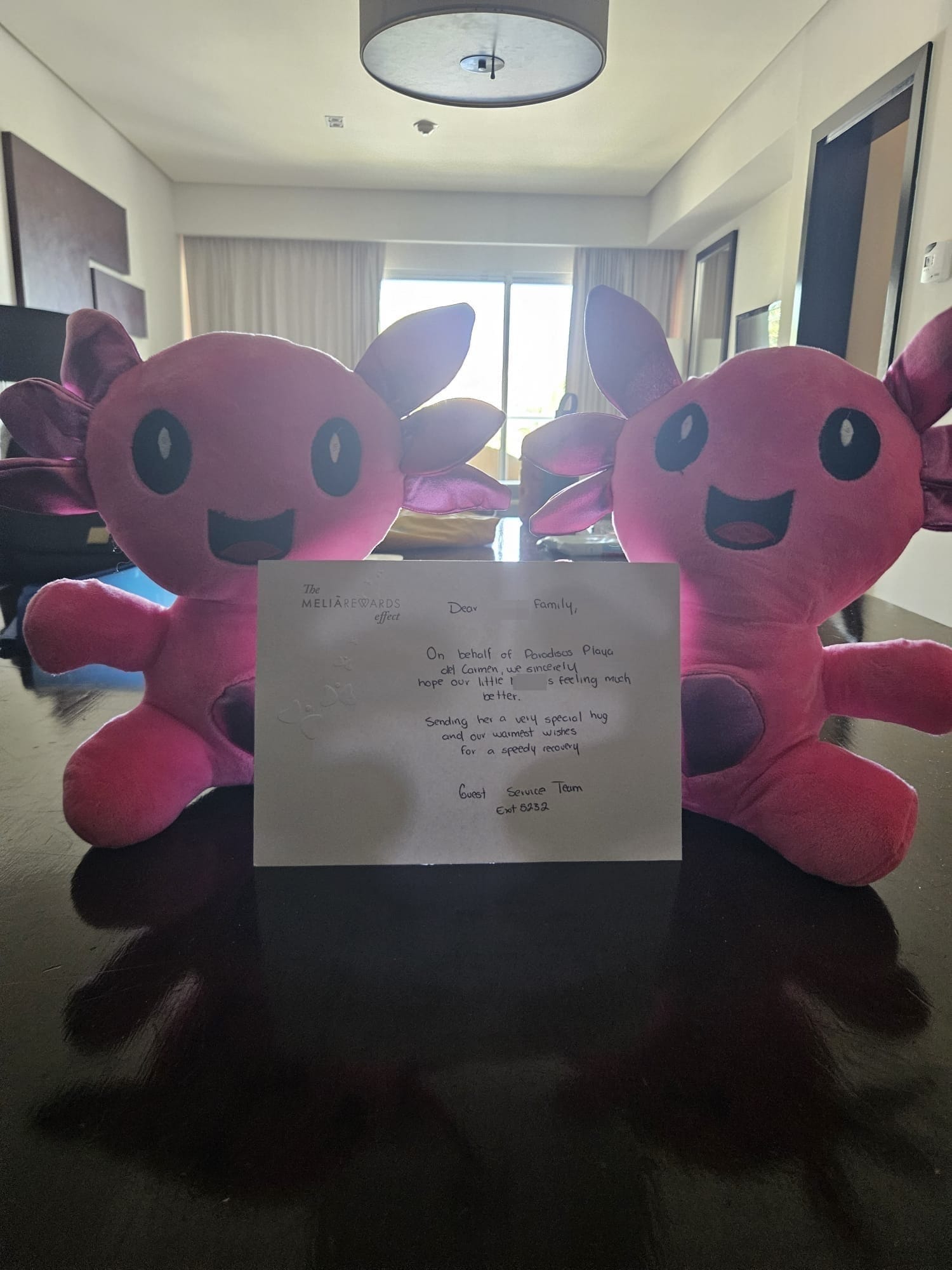 Two plush axolotl toys on a table beside a handwritten welcome note from Paradisus Playa del Carmen guest services, hotel room in soft focus behind.
