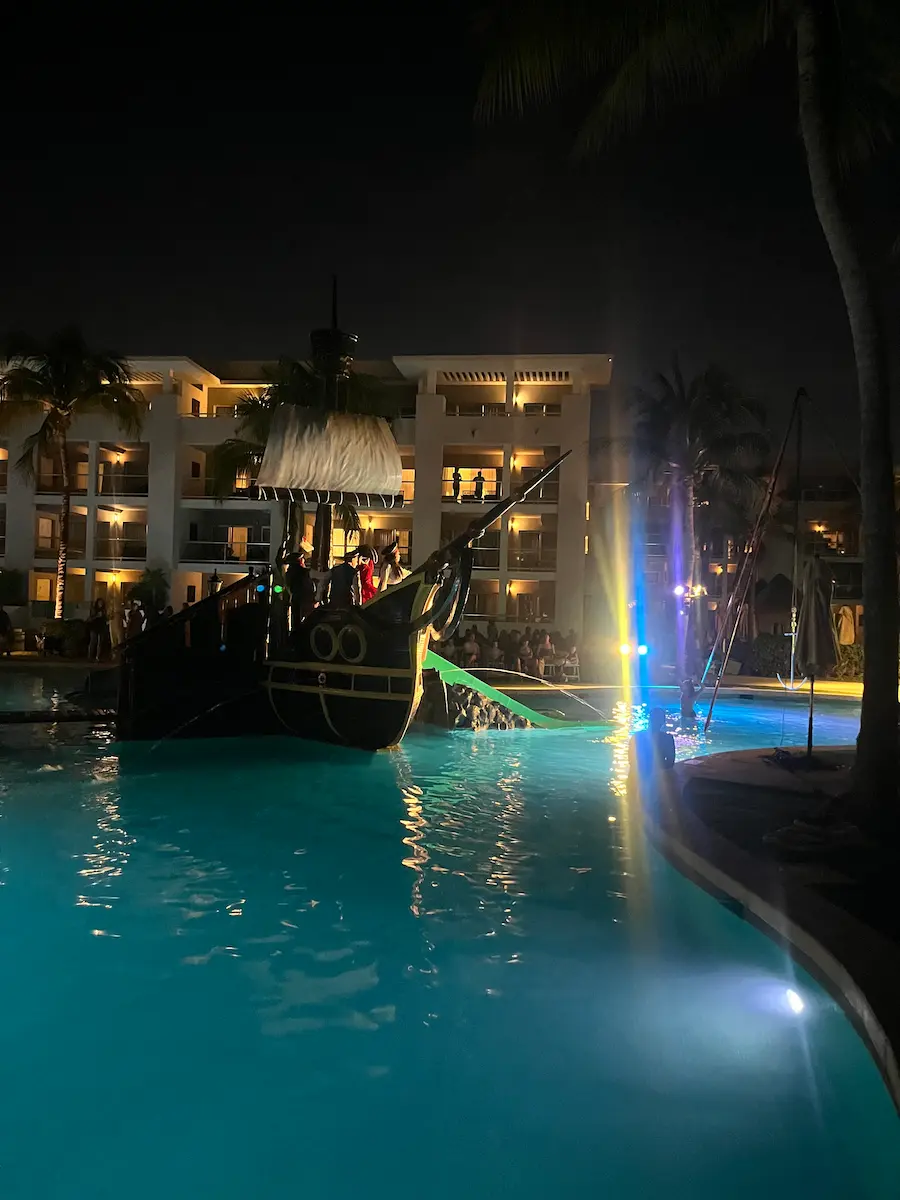 Pirate ship in pool with bright lights
