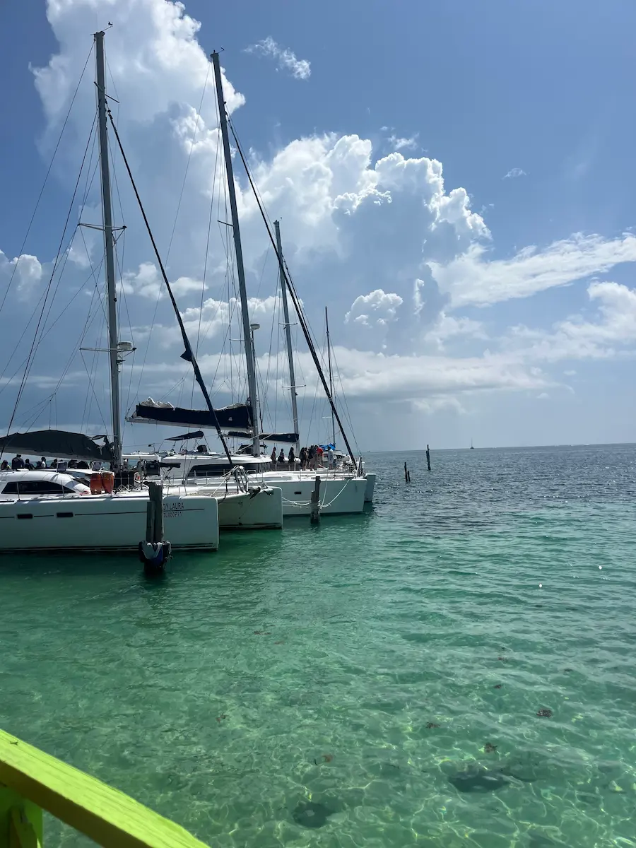 atamarans and sailboats docked at a pier, clear turquoise water below, blue sky with clouds above.