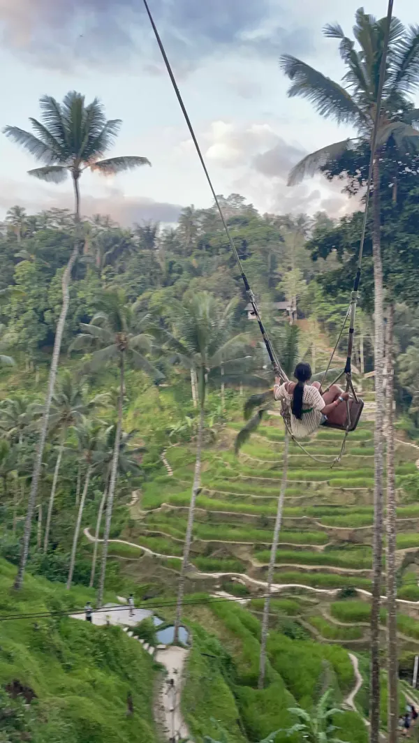 Person on a jungle swing over lush green canopy in Ubud, Bali, multi-generational family travel packing guide