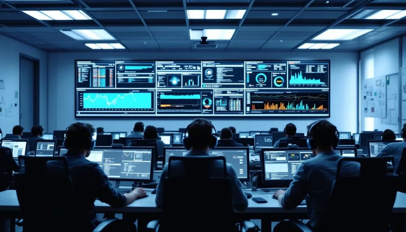 In the image, a network security operations center is depicted with multiple screens showcasing authentication logs and security metrics, emphasizing the importance of multi factor authentication in protecting user accounts from unauthorized access. The environment is filled with professionals monitoring login attempts and user activity, ensuring robust access management and security for online accounts.