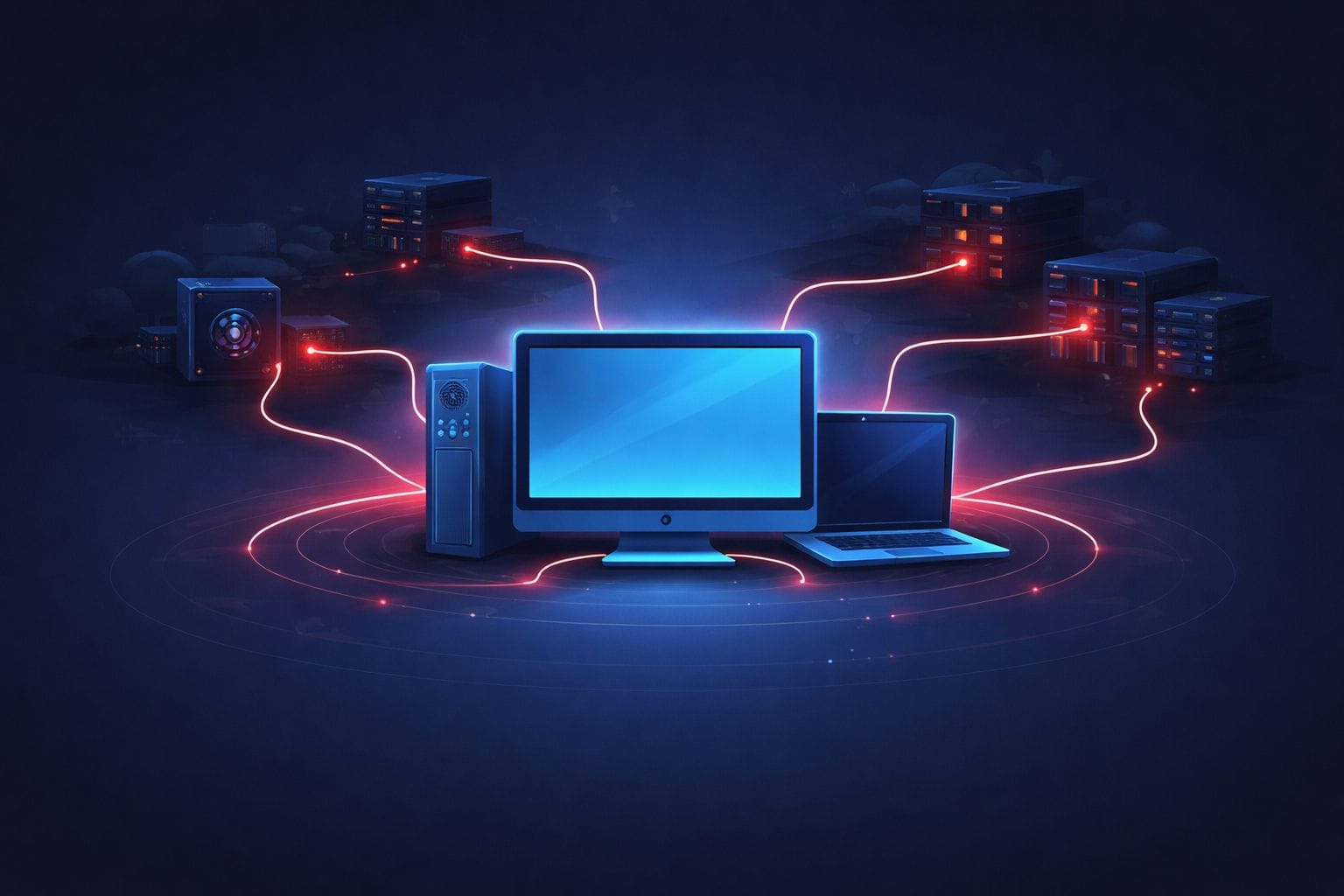 A conceptual image showing a central computer and laptop connected to multiple remote server racks by glowing red energy lines, representing a cryptojacking botnet hijacking network resources.