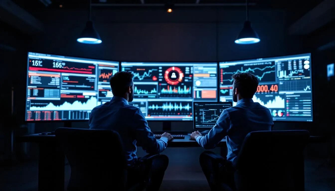 The image depicts a security team intensely analyzing threat intelligence on large monitors, showcasing complex network traffic and various attack patterns. This setting highlights the critical role of cybersecurity in protecting sensitive data and maintaining the security posture of computer systems against evolving threats.