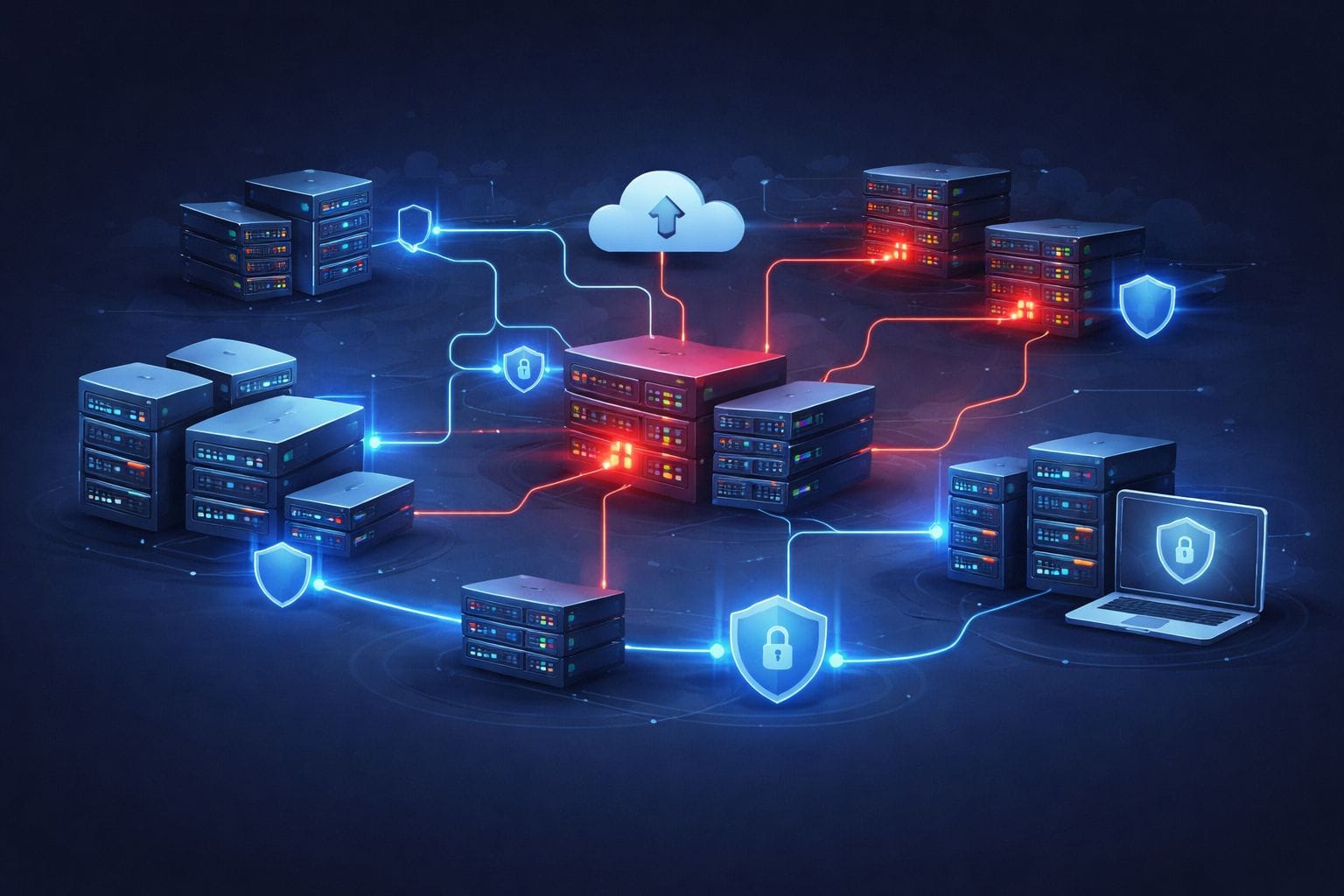 A digital network of server racks and cloud icons protected by glowing blue security shields and padlocks, illustrating cybersecurity measures against cryptojacking and resource hijacking.
