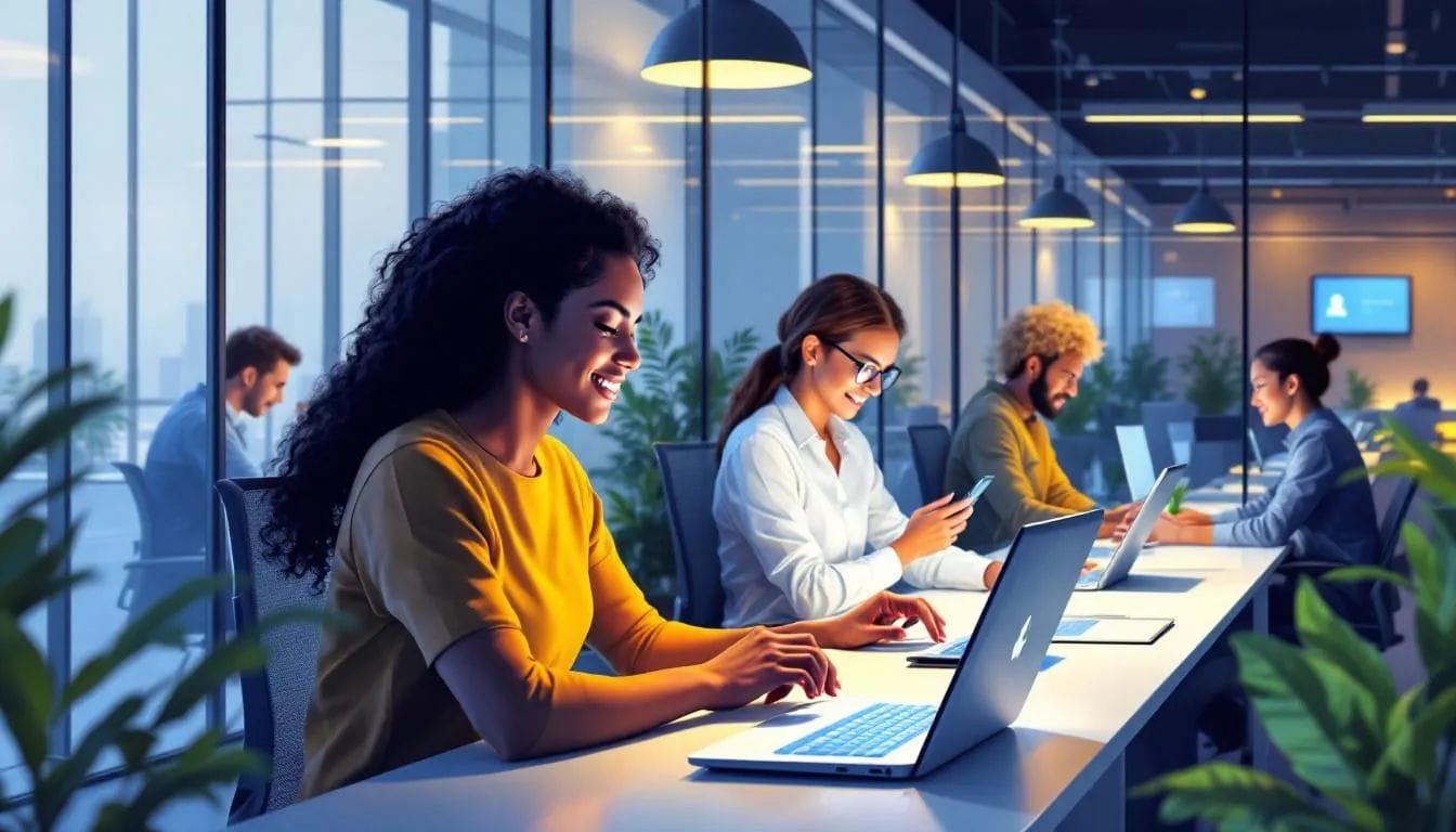A visual representation of implementing passwordless authentication in an organization, showing a diverse team at work.