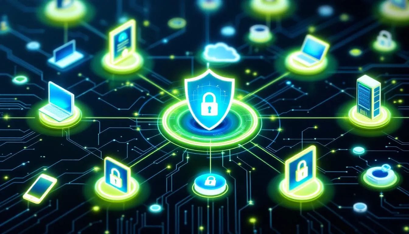 In this image, interconnected devices and networks are depicted, each secured by cybersecurity shields and locks, symbolizing protection against cyber threats and security breaches. The visual emphasizes the importance of network security and the safeguarding of sensitive data within critical infrastructure.