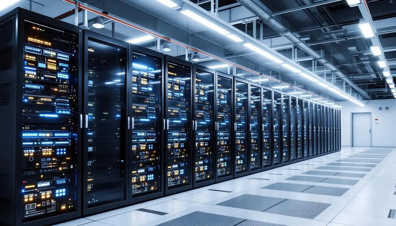 The image depicts a modern data center filled with rows of servers and networking equipment, symbolizing critical infrastructure that requires robust cybersecurity measures to protect against evolving threats and potential data breaches. The environment highlights the importance of network security and endpoint security in safeguarding sensitive data from malicious software and unauthorized access.