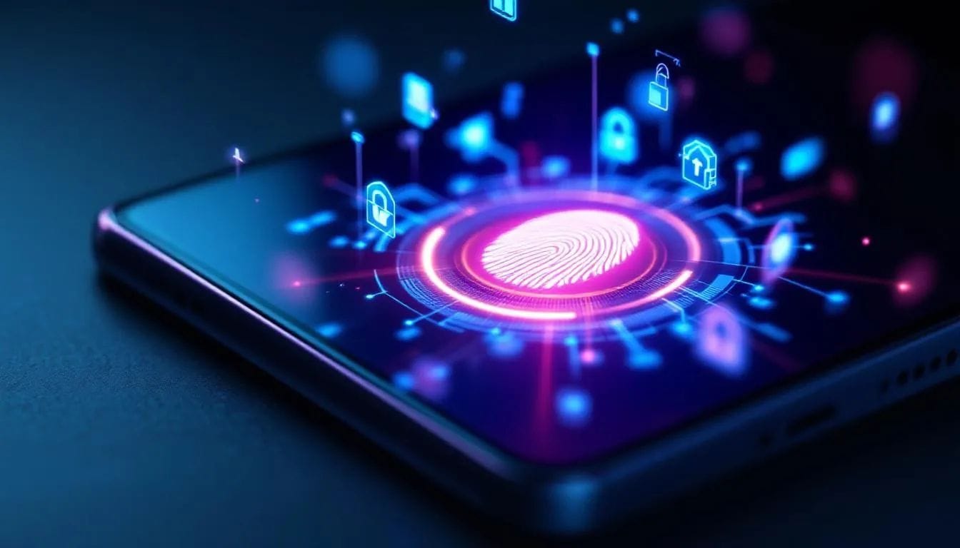 A close-up of a smartphone screen showcases biometric authentication, featuring a digital fingerprint scan being verified with a glowing success checkmark. Subtle holographic elements illustrate encrypted data flowing from the mobile device into a secure network, all presented in a futuristic color palette of dark violet, midnight blue, and bright electric blue highlights, emphasizing mobile identity verification and security.
