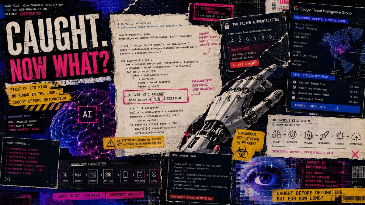 Editorial collage illustration of an AI-generated zero-day exploit — fragmented Python script, hallucinated CVSS score, cracked 2FA prompt, and autonomous kill chain. No human in the loop.