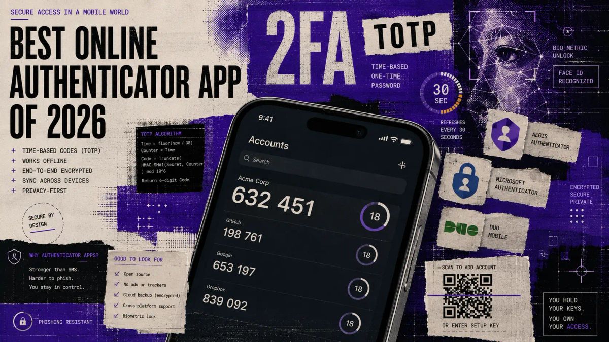 Editorial collage of a smartphone TOTP countdown code surrounded by authenticator app icon cutouts and biometric UI fragments in electric purple and silver tones.