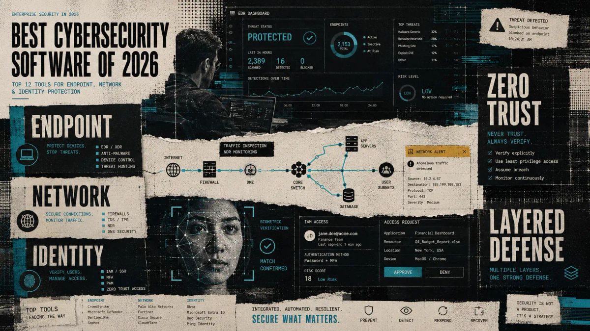 Editorial collage of layered endpoint, network, and identity security dashboards with torn paper textures, CRT scan lines, and Zero Trust UI fragments in cyan and charcoal.