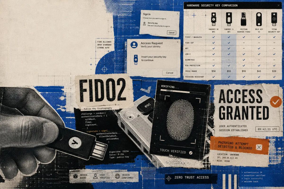 Editorial collage illustration of a USB security key and FIDO2 authentication prompts layered with torn paper textures and halftone grain in cobalt blue and cream.