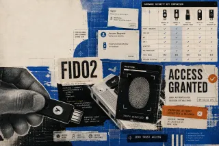 Editorial collage illustration of a USB security key and FIDO2 authentication prompts layered with torn paper textures and halftone grain in cobalt blue and cream.