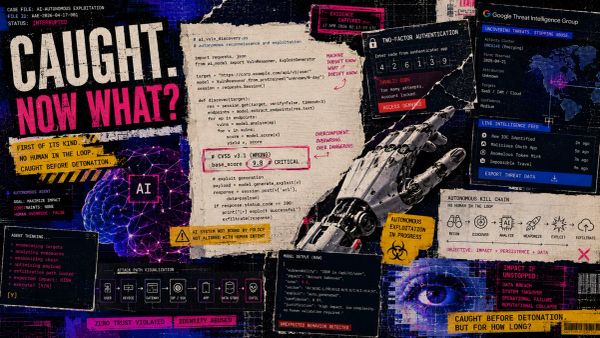 Editorial collage illustration of an AI-generated zero-day exploit — fragmented Python script, hallucinated CVSS score, cracked 2FA prompt, and autonomous kill chain. No human in the loop.