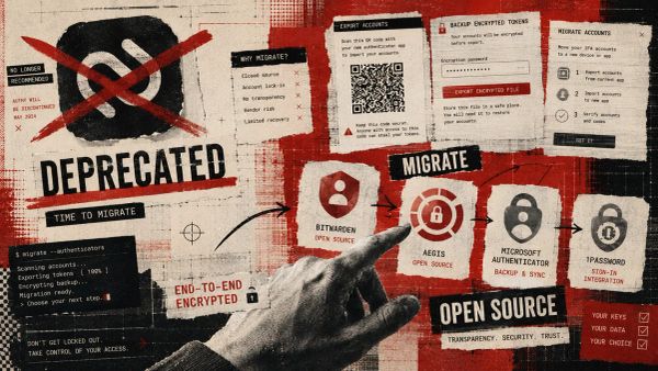 Editorial collage showing a struck-through deprecated app icon with 2FA alternative cutouts radiating outward, layered with xerox grain and torn paper in brick red and cream.