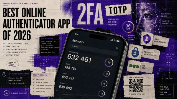 Editorial collage of a smartphone TOTP countdown code surrounded by authenticator app icon cutouts and biometric UI fragments in electric purple and silver tones.
