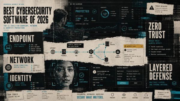 Editorial collage of layered endpoint, network, and identity security dashboards with torn paper textures, CRT scan lines, and Zero Trust UI fragments in cyan and charcoal.