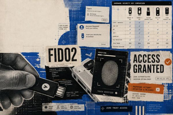 Editorial collage illustration of a USB security key and FIDO2 authentication prompts layered with torn paper textures and halftone grain in cobalt blue and cream.