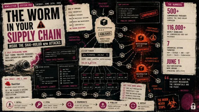 Interlocking software dependency nodes with one glowing red, representing a self-propagating supply-chain worm.