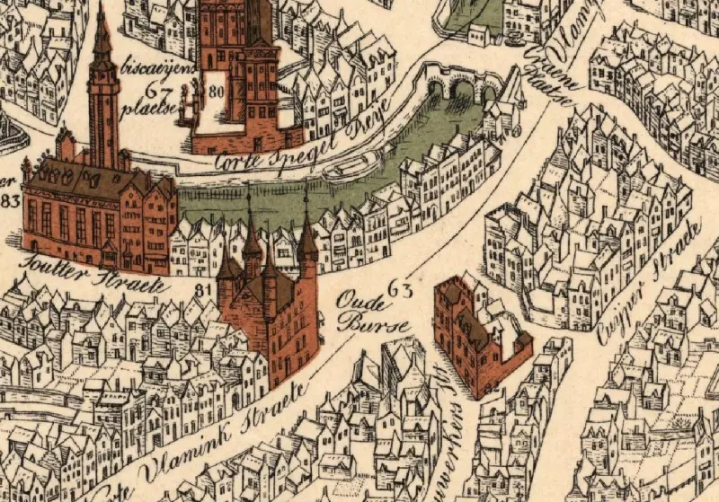 Detail met Oude Beursplein in Stadsplan van Brugge, Marcus Gerards, 1562 - © Wikimedia Commons