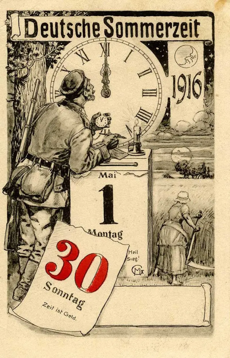 Duitse poster kondigt de overgang naar het zomeruur aan, 1916 - Deutsches Uhrenmuseum, Furtwangen im Schwarzwald - © Wikimedia Commons
