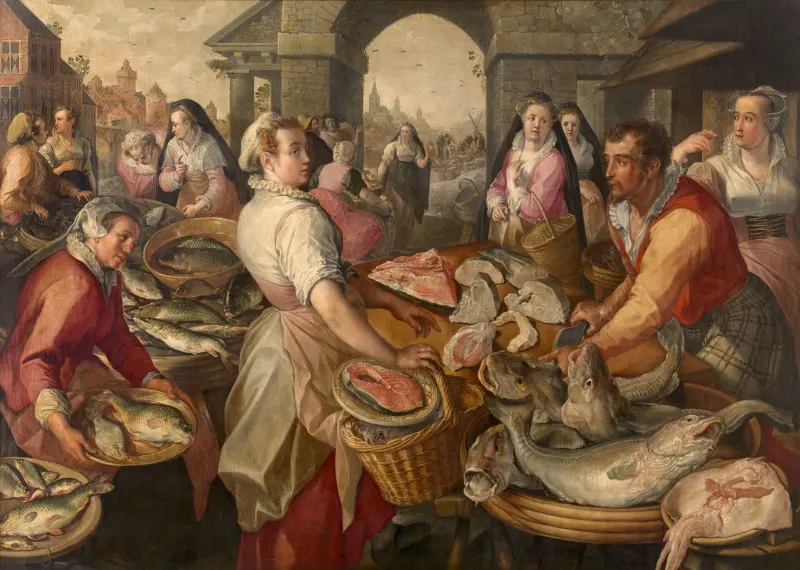 Painting of a fish market, Joachim Beuckelaer, 16th century - © KMSKA, Antwerp - artinflanders.be, photo by Hugo Maertens