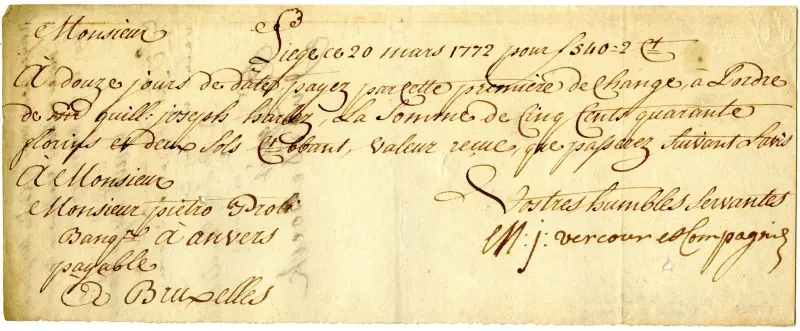 Wisselbrief van 20 maart 1772 - © Museum van de Nationale Bank van België, Brussel