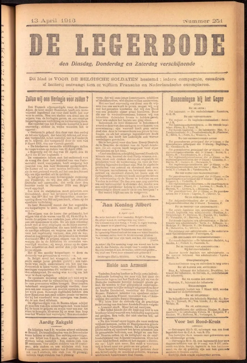 De Belgische legerkrant De Legerbode over het zomeruur, 13 april 1916 - © Memorial Museum Passchendaele 1917 - meemoo