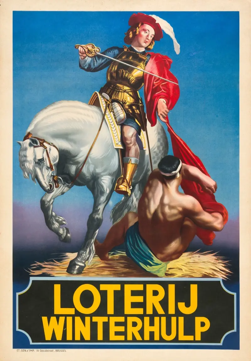 Eerste affiche voor de Loterij Winterhulp, Établissements Généraux d'Imprimerie, Brussel, 1941 - © Loterijmuseum, Brussel - Foto L’Atelier de l’Imagier