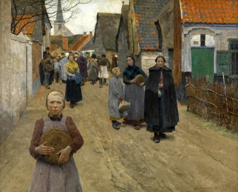 Brooduitdeling in het dorp, Frans Van Leemputten, 1892 - KMSKA, Antwerpen - © Wikimedia Commons