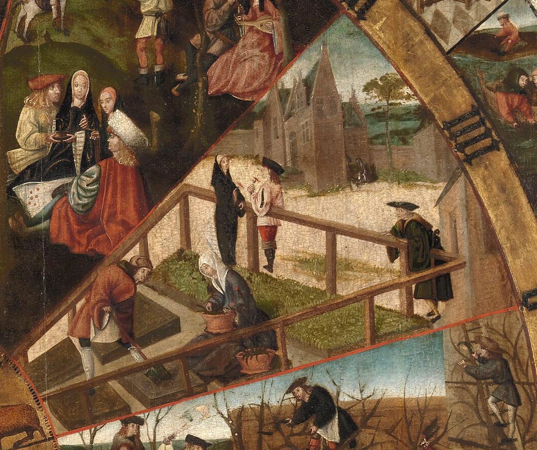 Uur-en kalenderwijzerplaat met detail van april: werken in de tuin - Museum M Leuven – artinflanders.be, foto Hugo Maertens