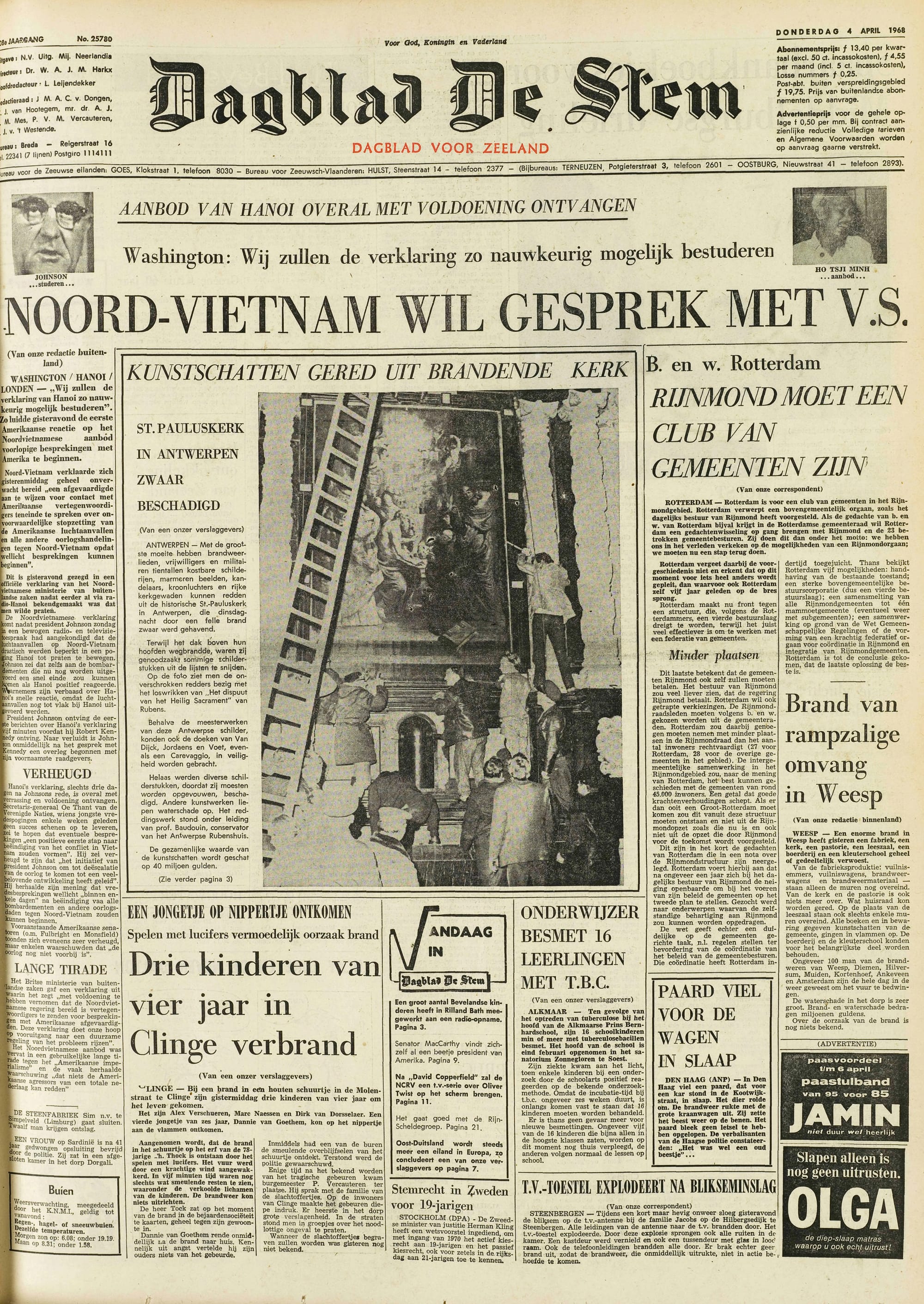 Première page du quotidien De Stem, 4 avril 1968 - ZB Krantenbank Zeeland