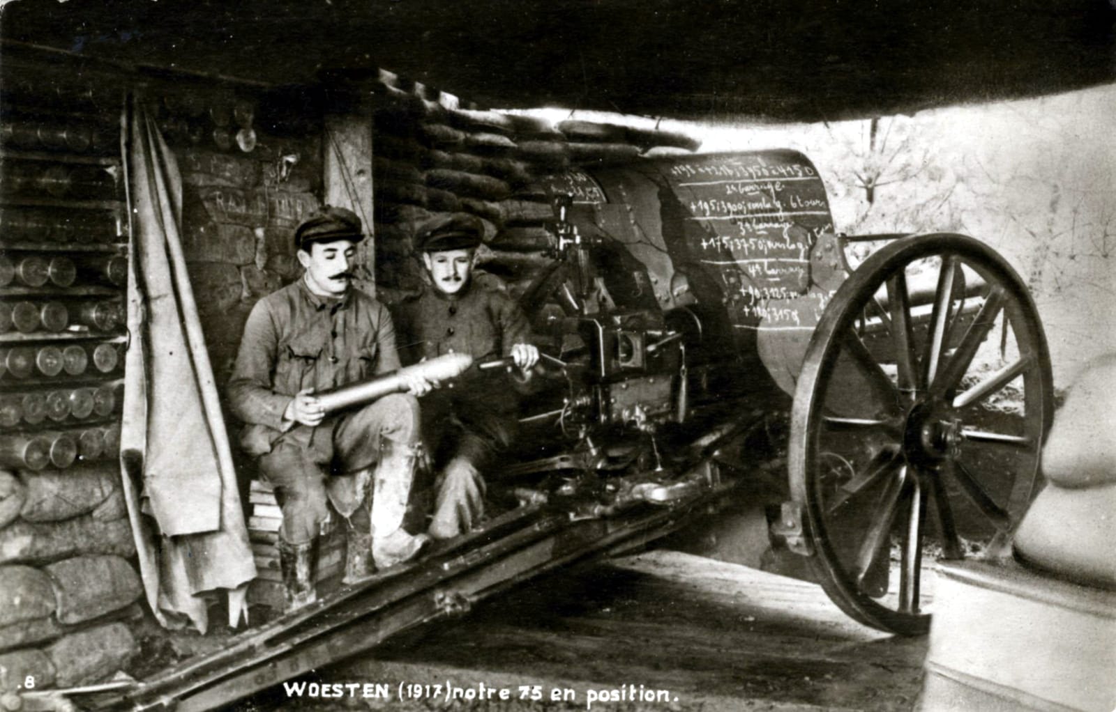 Deux soldats près d'un poste d'artillerie, Woesten, 1917